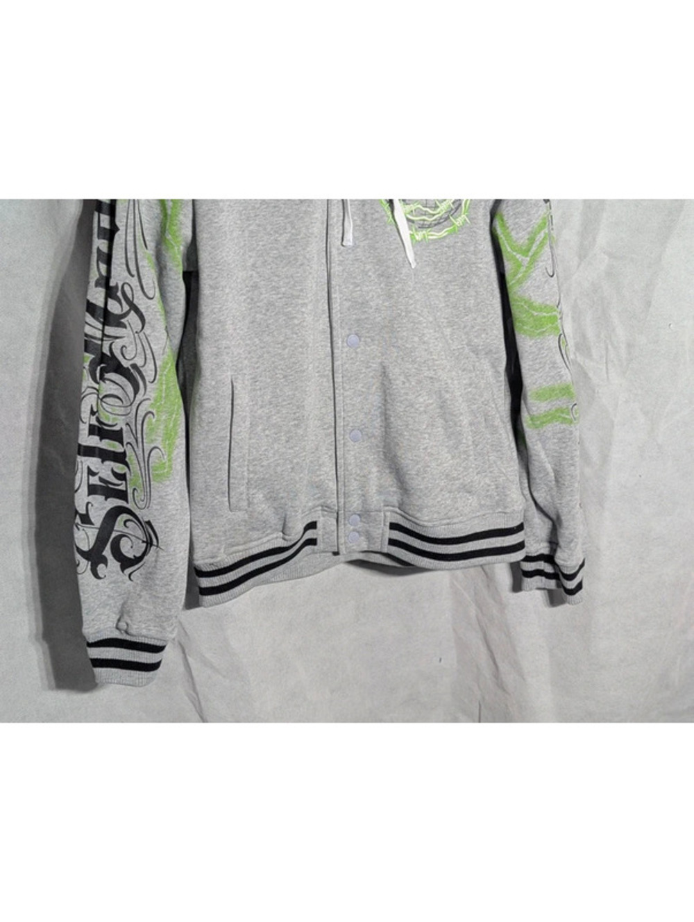 NWT Rebel Minds Mens M Snap Varsity Jacket Hoodie Barbed Wire Smiley Grey - Picture 3 of 8